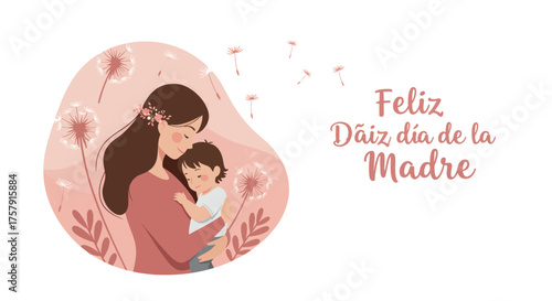 Mother Holding Child Celebrating Mother's Day with Flowers and Soft Pink Colors in Whimsical Illustration