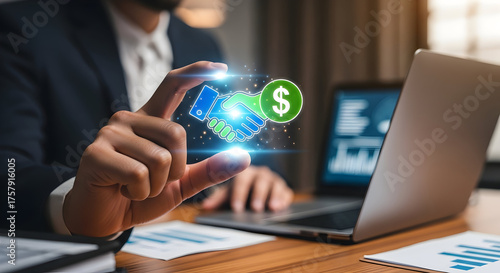 Business handshake with dollar sign symbolizes successful financial deal