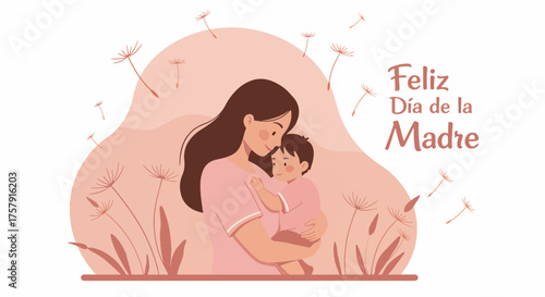 Mother and Child Hugging Celebrating Mother's Day in Soft Pink Illustration