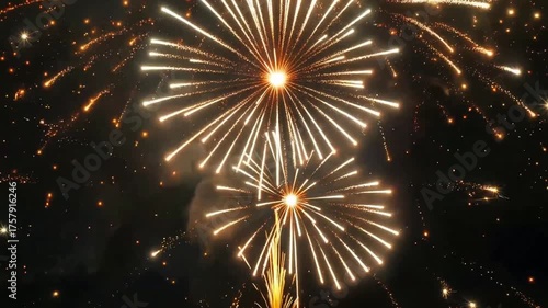 Two bright golden fireworks explode in the night sky, showering sparks and light.