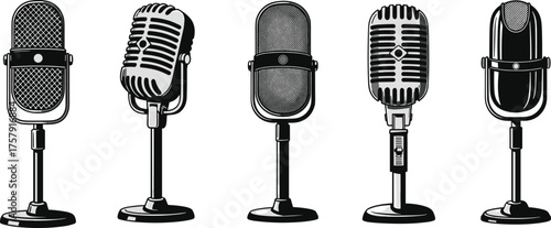 Vintage microphone collection, retro audio equipment, classic mic design, music performance tools, sound recording technology, broadcasting, podcasting, entertainment industry concept illustration