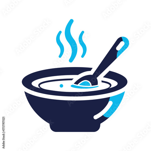 Simple vector icon of a steaming hot bowl of soup or porridge with a spoon, representing a warm meal for breakfast or lunch
