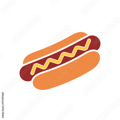 Flat design vector icon of a classic American hot dog in a bun with a vibrant yellow mustard zigzag, an isolated symbol of fast food