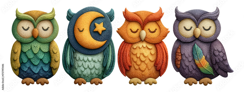 Fototapeta premium Colorful Cartoon Owls Set with Unique Themes and Patterns on Transparent Background