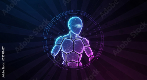 Futuristic robot with glowing neon outline against a dark background, representing artificial intelligence and advanced technology in a digital world