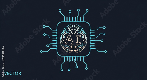 A stylized ai brain circuit board design on a dark background, representing artificial intelligence and advanced technology