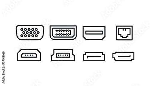 Computer and Digital Device Connectivity Port and Cable Connector Icon Set in a Stylized Outline Vector Design, Including VGA, DVI, DisplayPort, Ethernet, HDMI, and USB Standards