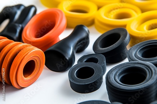 Variety of Colored Rubber Rings Close Up Isolated On White Background, Black, Orange, Yellow