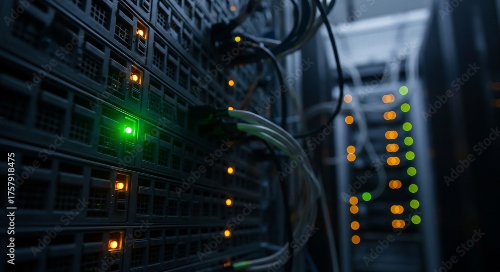 Naklejka premium Server room with green and orange lights on data center equipment