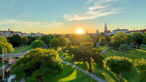 Golden sunset illuminates a lush green park with mature trees and a distant city skyline.