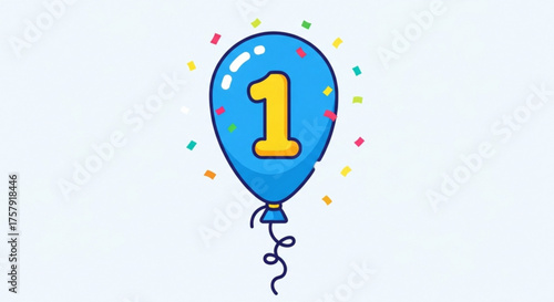 A blue balloon with the number one on it surrounded by confetti, perfect for a first birthday celebration or milestone achievement