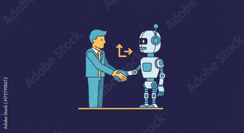 A businessman shaking hands with a robot, symbolizing the collaboration and partnership between humans and artificial intelligence in the modern world