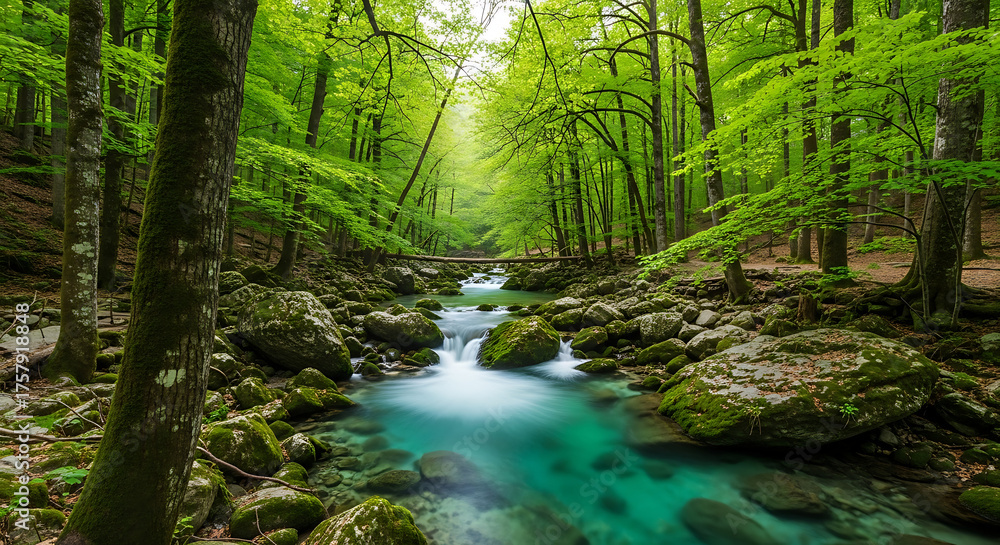 Obraz premium A vibrant forest scene featuring a clear stream flowing over mossy rocks and lush green trees overhead