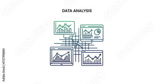 Data analysis concept with graphs and charts on computer screens for business intelligence and decision making process