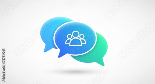 Illustration of three speech bubbles with a group of people icon inside, symbolizing communication, teamwork, and social interaction