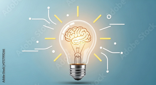 Brain inside light bulb symbolizing idea generation, innovation, and creative thinking on blue background, concept of intelligence and problemsolving