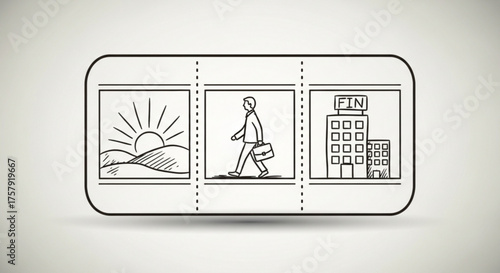 Storyboarding concept, depicting a sequence of events with handdrawn sketches of sunrise, a person walking, and a building