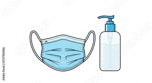 Medical mask and hand sanitizer illustration, essential for hygiene, protection, and prevention of viruses and germs during the pandemic