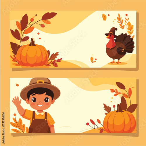 Cartoon illustration of a pilgrim boy waving and a turkey with pumpkins and fall leaves on a beige background with a festive Thanksgiving theme.