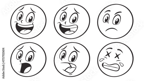 Six cartoon faces in black and white show excited, nervous, sad, shocked, silly, and overwhelmed expressions useful for emotion recognition or design.