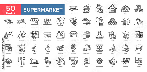 Supermarket collection set. Deliver,Skill,Product,Strategy,Consumer,Shopping Bag,Discount, icon. Simple outline vector illustration