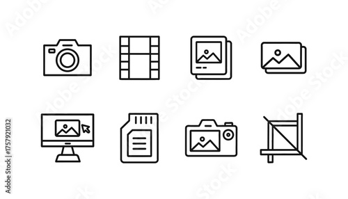 Photography, Digital Media, and Image Editing Icon Set in a Stylized Chalkboard Outline Vector Design, Featuring Camera, Film Strip, Photo Stacks, Gallery, Monitor, Memory Card, and Crop Tool