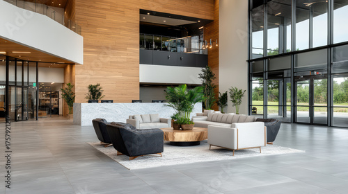 Modern lobby design features stylish seating and natural elements, creating welcoming atmosphere