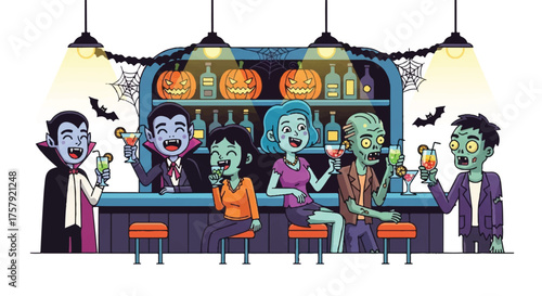 A festive group of cartoon monsters, including vampires and zombies, celebrating together at a Halloween party in a decorated bar
