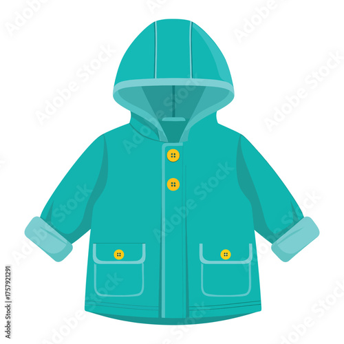 Turquoise hooded raincoat for children with yellow buttons and pockets