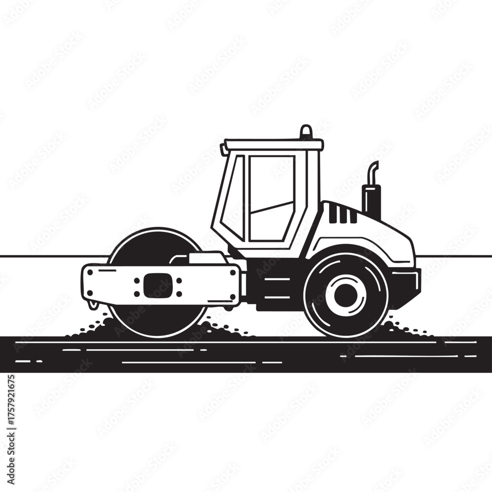 Naklejka premium A modern road roller compacts freshly laid asphalt, symbolizing efficient construction and infrastructure development in a clean, graphic illustration.