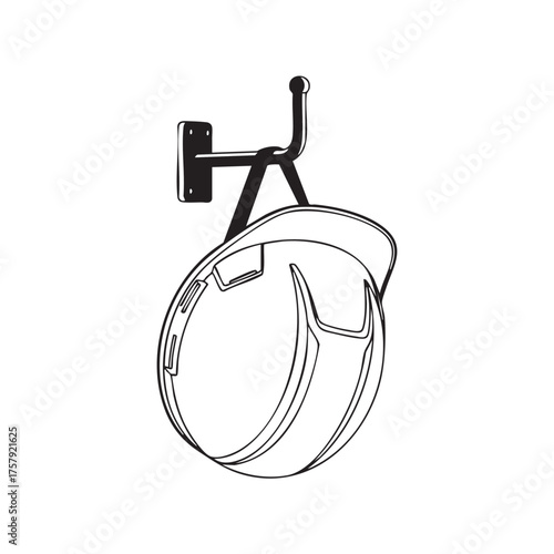A black and white illustration depicts a safety helmet hanging on a wall-mounted hook, representing construction and workplace safety.