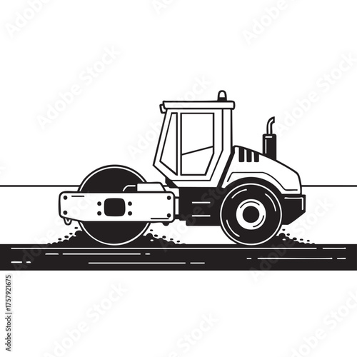 A modern road roller compacts freshly laid asphalt, symbolizing efficient construction and infrastructure development in a clean, graphic illustration.