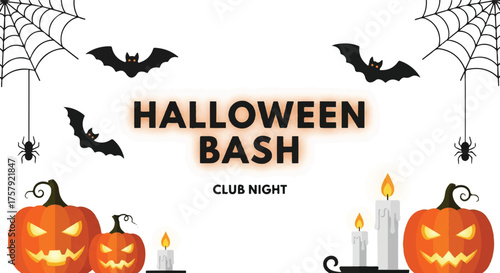 Halloween Bash Club Night Spooky Decorations, Pumpkins, Bats, and Cobwebs for Festive Celebration