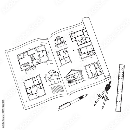 An open book displays architectural blueprints and house sketches, with drafting tools, symbolizing precise design and construction planning.