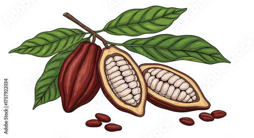 Fresh cocoa pods with leaves and beans on a branch illustration.