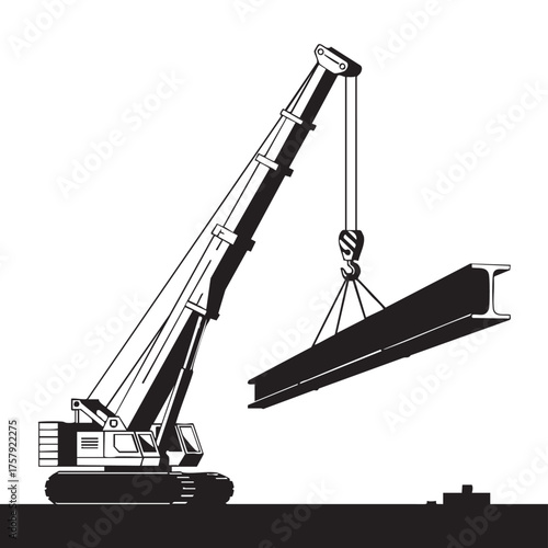 A powerful crawler crane is diligently lifting a massive steel I-beam, showcasing the crucial role of heavy machinery in modern construction and industrial projects.