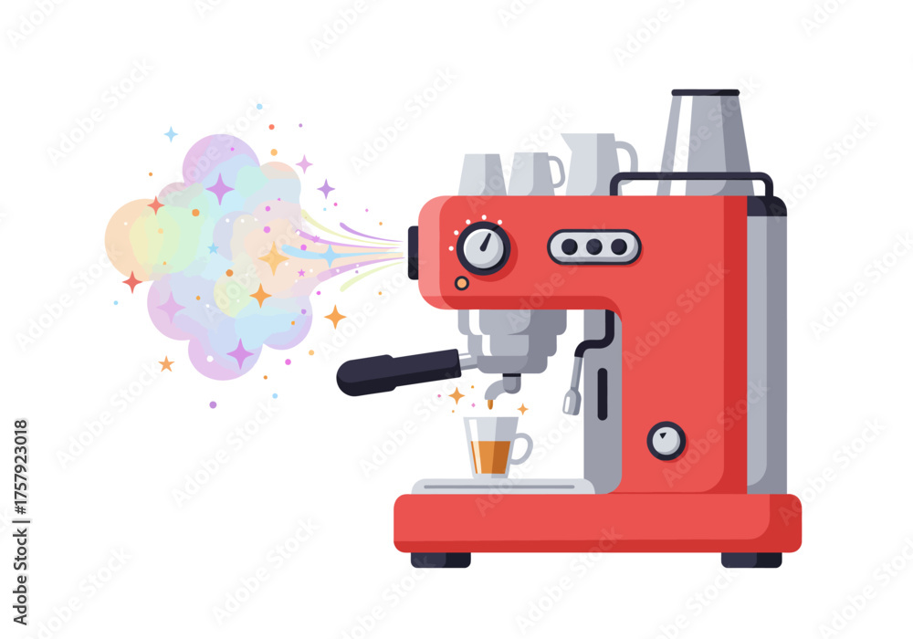 Fototapeta premium Red Espresso Machine with Colorful Steam Illustration.