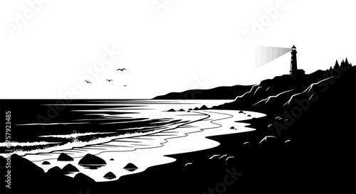 eternal beacon guiding coastal journey amidst natures monochrome embrace, isolated on transparent background