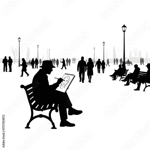 artists vision sketches souls, animating parks bustling canvas, isolated on transparent background