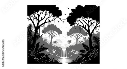 monochrome jungle sanctuary exotic birds watch, water cascades, natures ancient pulse, isolated on transparent background