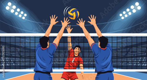 Volleyball players spiking ball over net during game.