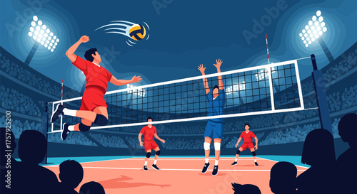 Volleyball Player Spiking Ball Over Net During Game.