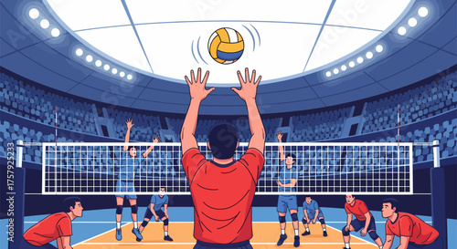 Volleyball Player Setting the Ball in a Stadium.