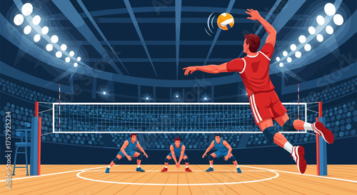 Volleyball player spiking the ball during a match.
