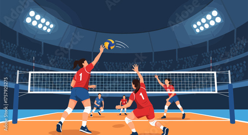 Volleyball players in action during a game one spiking the ball.