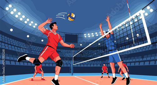 Volleyball players in action during a game one spiking the ball 1.