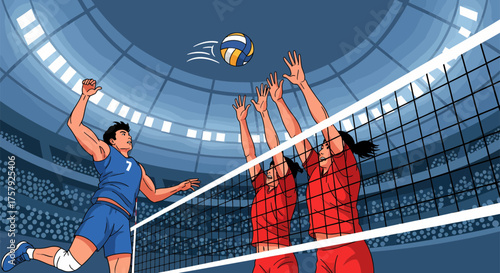 Volleyball players spiking the ball over the net during a game.