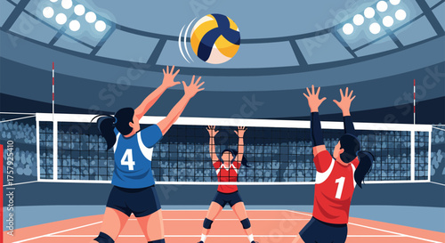 Volleyball players spiking the ball during a game.
