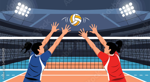 Volleyball players spiking the ball during a match.