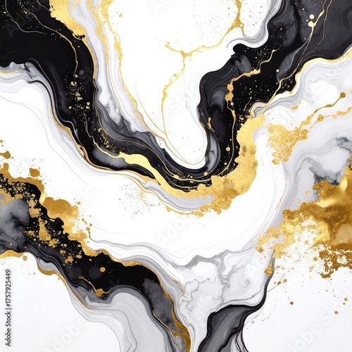 A luxurious black and gold marble background features dynamic swirls of white, yellow, and grey paint, creating an elegant and artistic texture.